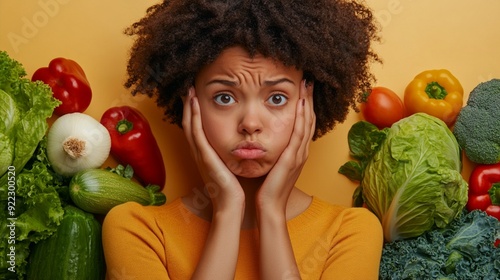 Frustrated expression surrounded by colorful vegetables, depicting picky eating or aversion to healthy foods. Yellow background adds vibrancy to the scene. photo