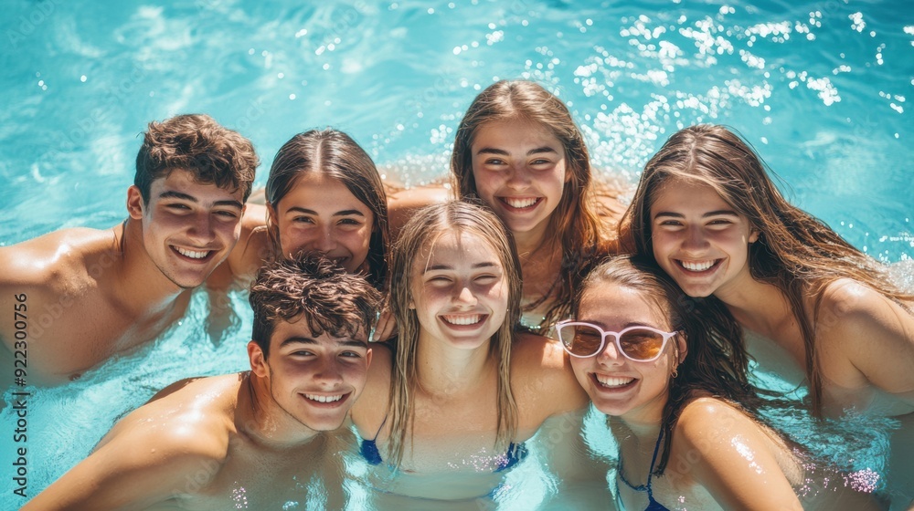 A group of young people in a swimming pool smiling for the camera, AI