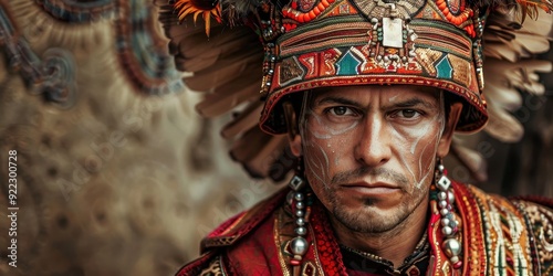 A man wearing a red and gold headdress and a red and gold outfit photo