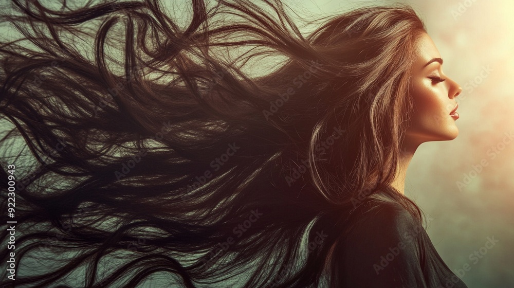 Profile of a woman with long, flowing dark hair against a soft background, eyes closed in serene expression, embodying freedom and natural beauty. Profile of a woman with long, flowing dark hair against a soft background, eyes closed in serene expression, embodying freedom and natural beauty.