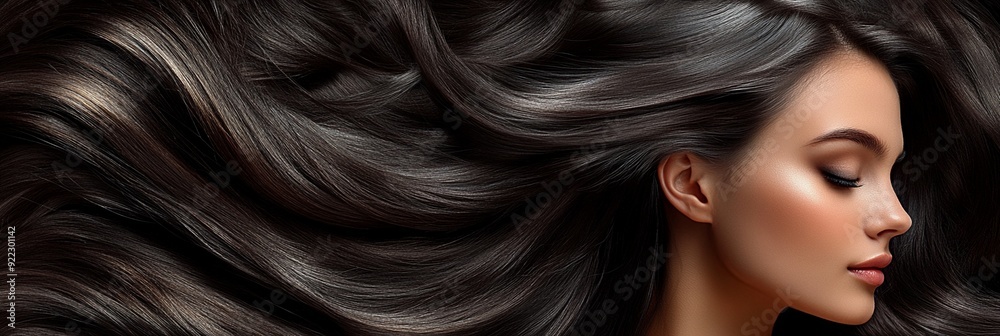Luxurious dark hair flowing in waves, showcasing the beauty of healthy, shiny locks. Profile view of a woman with flawless skin and perfect makeup, embodying glamour. Luxurious dark hair flowing in waves, showcasing the beauty of healthy, shiny locks. Profile view of a woman with flawless skin and perfect makeup, embodying glamour.