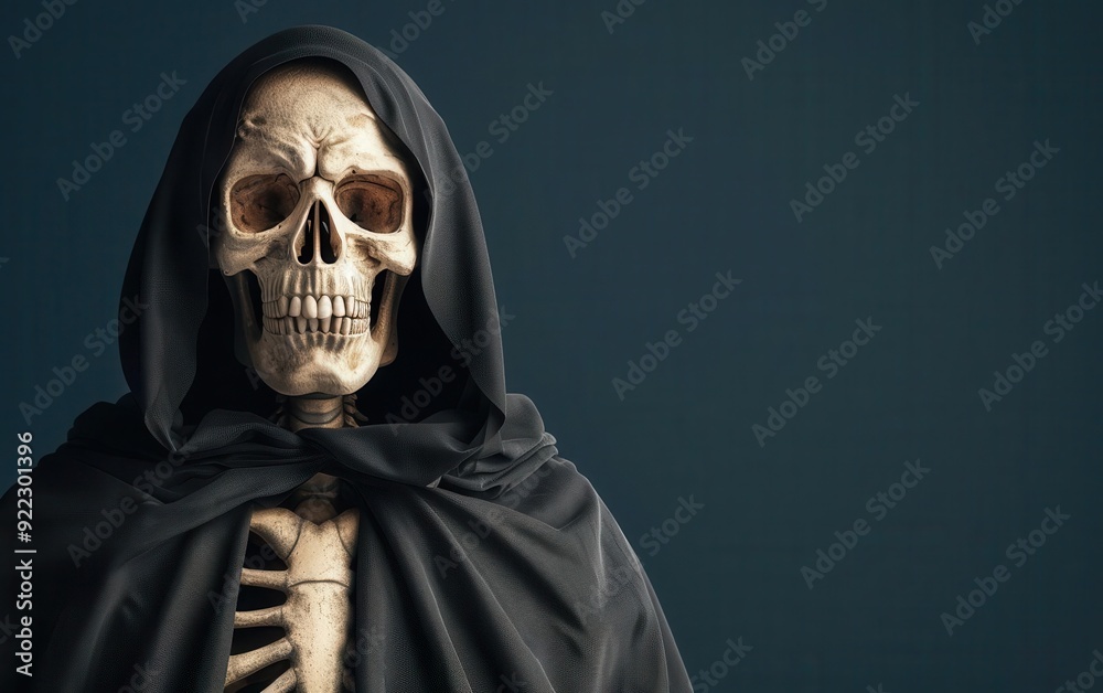 Grim Reapers skeletal face partially visible under the hood, chilling gaze Grim Reapers skeletal face partially visible under the hood, chilling gaze