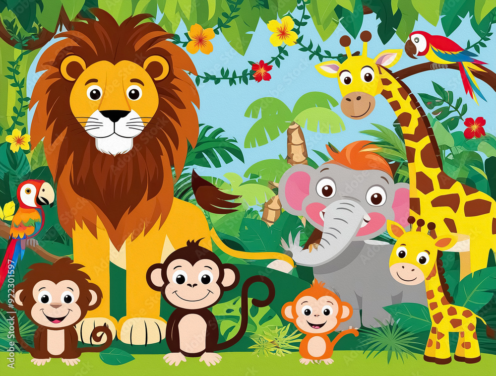 Fototapeta premium Illustration of the wild animals near the big tree 