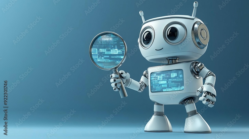 A 3D search engine robot holding a magnifying glass, scanning a digital landscape, symbolizing intelligent search A 3D search engine robot holding a magnifying glass, scanning a digital landscape, symbolizing intelligent search