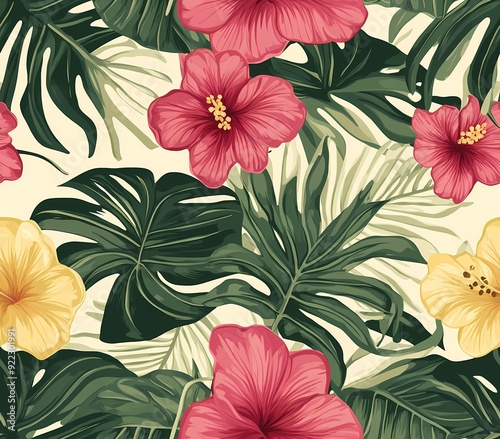 Tropical floral seamless pattern background with hibiscus flowers and monstera leaves. Generative AI
