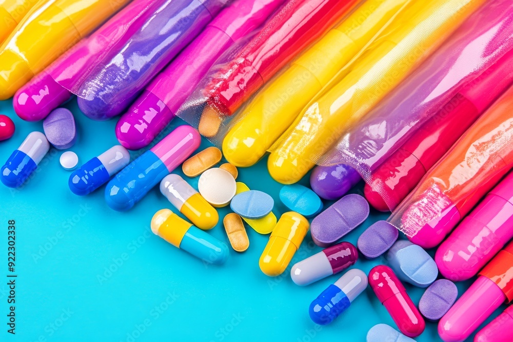 Close up of brightly colored capsules arranged neatly on a vibrant blue background symbolizing the variety and accessibility of pharmaceutical options in modern healthcare Close up of brightly colored capsules arranged neatly on a vibrant blue background symbolizing the variety and accessibility of pharmaceutical options in modern healthcare