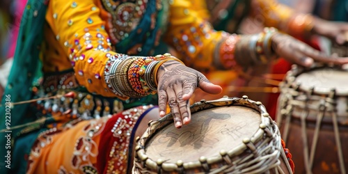 A woman wearing a yellow dress is playing drums photo