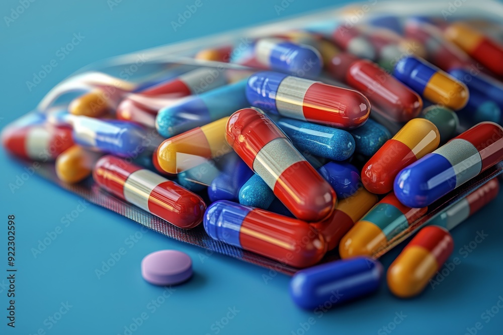 Large plastic bag filled with a variety of colorful capsules symbolizing the abundance and accessibility of pharmaceutical products in modern healthcare Large plastic bag filled with a variety of colorful capsules symbolizing the abundance and accessibility of pharmaceutical products in modern healthcare