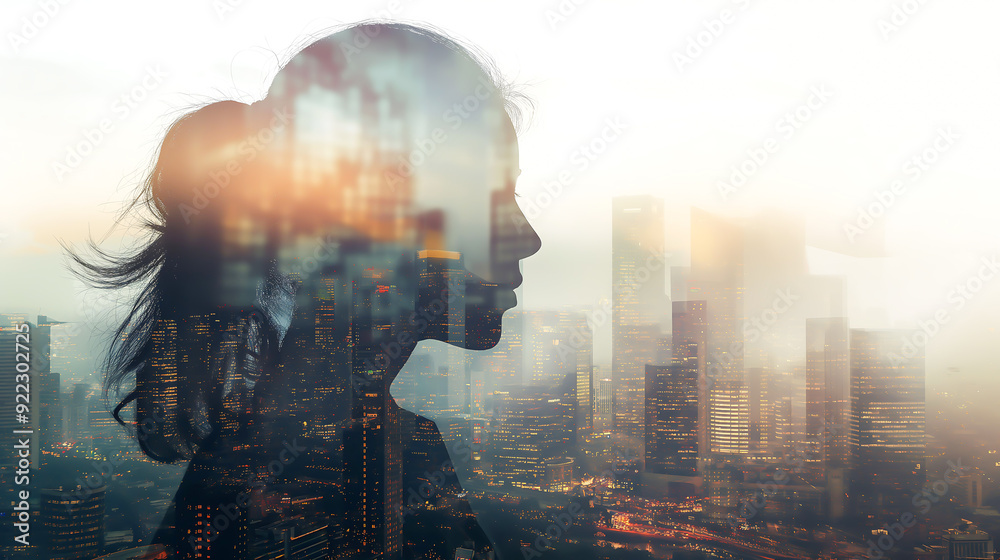 Fototapeta premium Double Exposure image of business person on modern city background. Future business and communication technology concept. Surreal futuristic cityscape and abstract multiple exposure interface