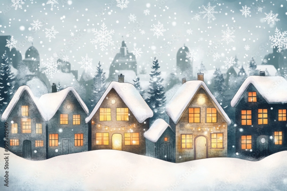 Cozy winter village scene with snow falling and houses lit up. Perfect for holiday and winter themed projects. Cozy winter village scene with snow falling and houses lit up. Perfect for holiday and winter themed projects.