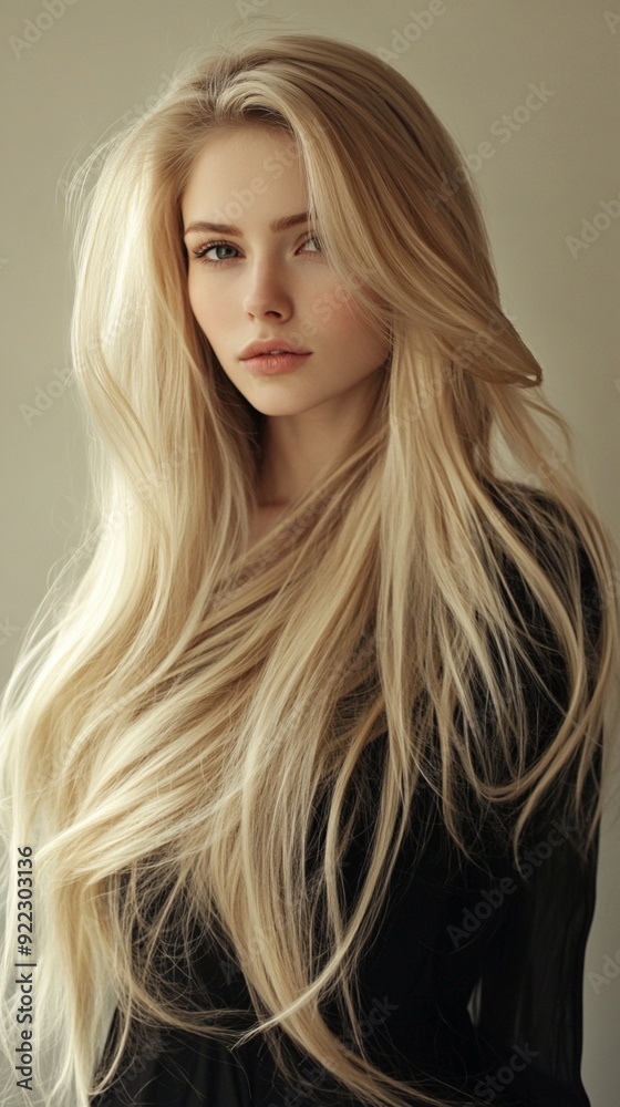 Ethereal beauty captured in soft light: long, flowing platinum blonde hair cascades over a black top, framing delicate features and luminous skin. Ethereal beauty captured in soft light: long, flowing platinum blonde hair cascades over a black top, framing delicate features and luminous skin.