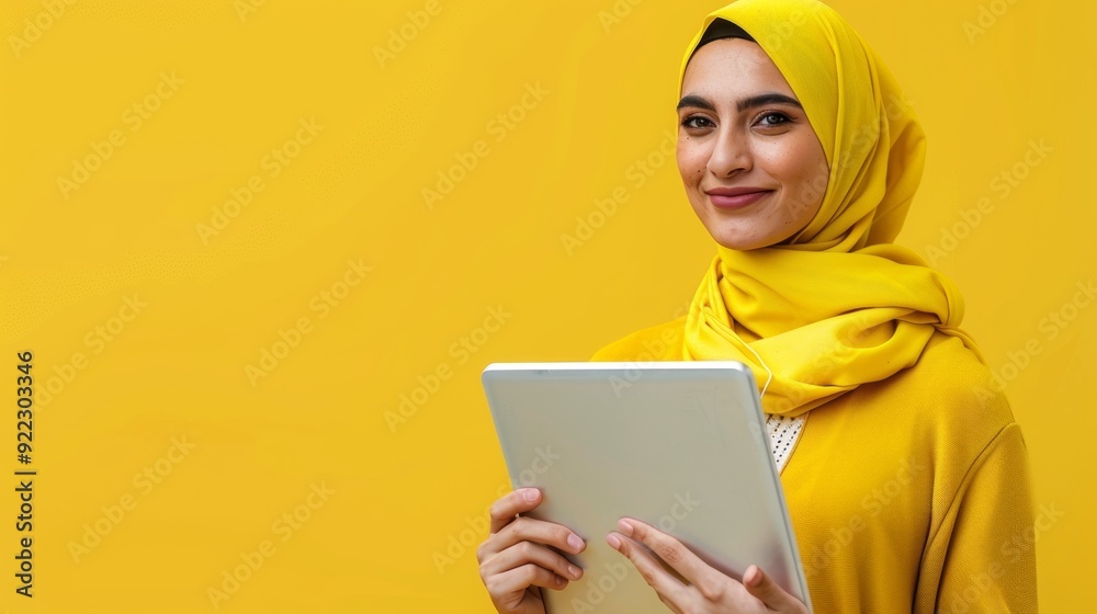 beautiful woman in hijab holding a tablet on bright yellow background beautiful woman in hijab holding a tablet on bright yellow background