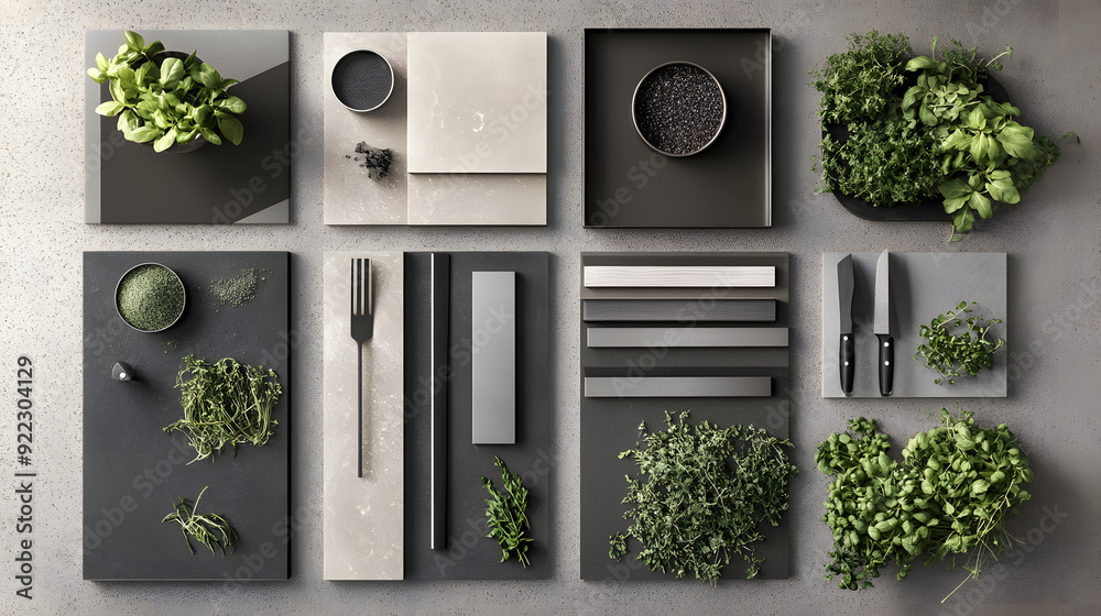 Fototapeta premium interior design moodboard for inspiration, natural materials, grey color tones