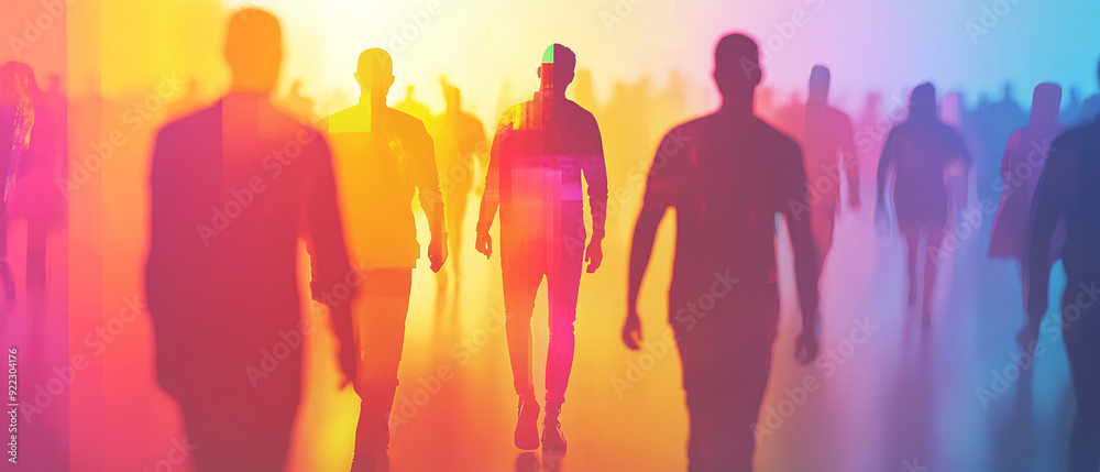 Silhouettes of People Walking in a Colorful Light Show Silhouettes of People Walking in a Colorful Light Show