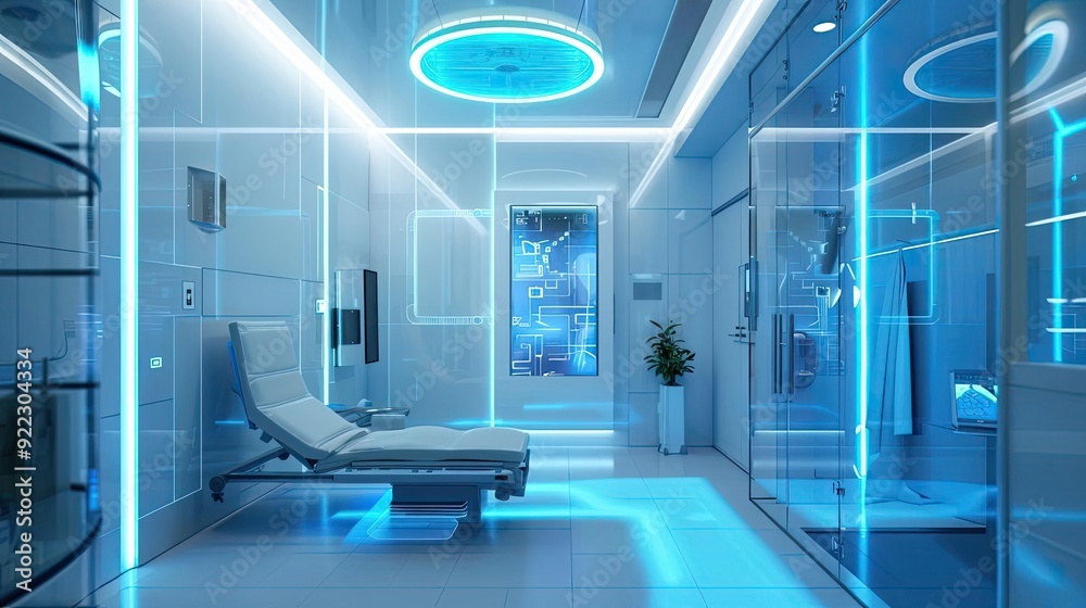 Futuristic medical room with sleek design, ambient blue lighting, and