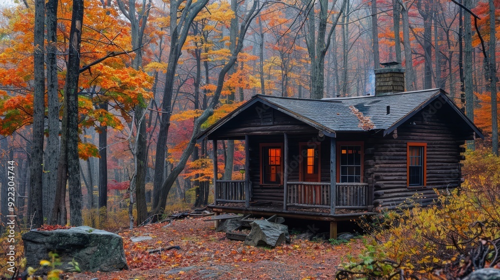 Tranquil Autumn Retreat in New England: Vibrant Foliage Surrounds Wooden Cabin Tranquil Autumn Retreat in New England: Vibrant Foliage Surrounds Wooden Cabin