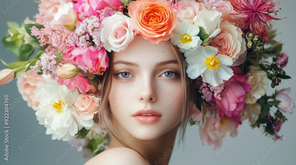 A young woman adorned with a vibrant floral crown featuring roses, daisies, and other blossoms against a neutral backdrop