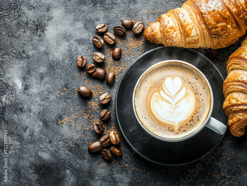 A cup of coffee with a heart design on top sits on a black plate next to a crois photo