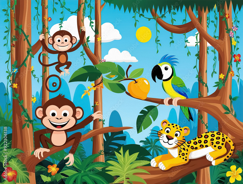 Naklejka premium Illustration of the wild animals near the big tree 