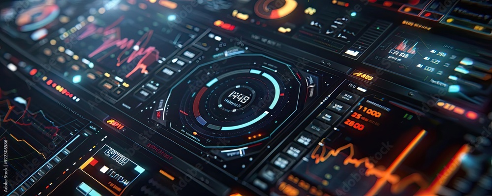 Fototapeta premium Futuristic data visualization interface with graphs, charts, and digital elements for tech and finance projects.