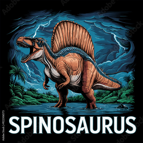 Spinosaurus Illustration - Dynamic Dinosaur Art with Lightning Scene