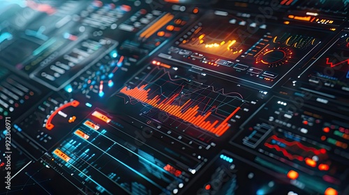 Futuristic data visualization screen with vibrant graphics and analytical charts. Perfect for technology and analysis themes.