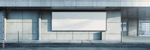 Modern urban storefront with large blank white billboard, sleek gray facade, and reflective windows, perfect for advertising in a city setting.