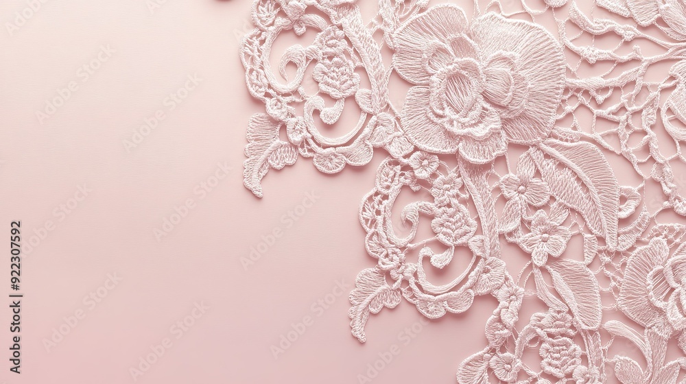 Delicate embroidered lace fabric with floral patterns on a soft pink background Delicate embroidered lace fabric with floral patterns on a soft pink background