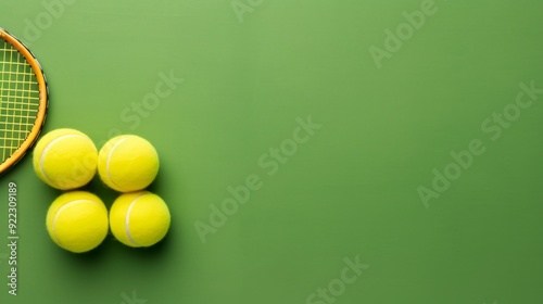 Yellow tennis ball and racket on green tennis court background with copy space, highlighting spring sports, active lifestyle, and outdoor recreation. Flat lay composition emphasizing health and fitnes photo