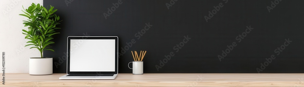 Modern desk with chalkboard wall, minimalist decor, sleek design, Contemporary, Monochrome, Illustration Modern desk with chalkboard wall, minimalist decor, sleek design, Contemporary, Monochrome, Illustration