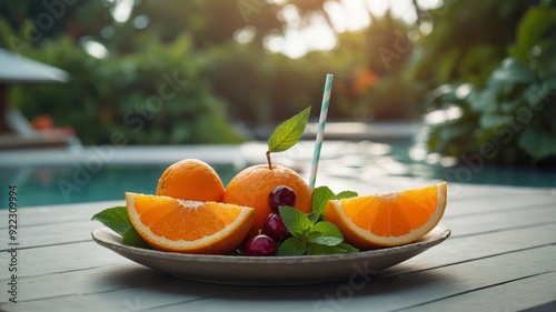 Summer vacation scene of tropical fresh fruit Orange using drinking straw & mint leaf Paper boat using ripe cherries Minimal juicy food concept. photo