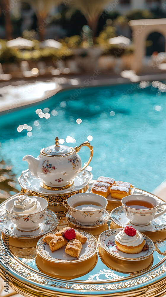A tray of tea and pastries is set out on a table by a pool. The table is surrounded by umbrellas, and the pool is visible in the background. Concept of relaxation and leisure A tray of tea and pastries is set out on a table by a pool. The table is surrounded by umbrellas, and the pool is visible in the background. Concept of relaxation and leisure