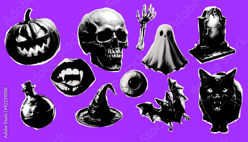 Halftone element collage set for halloween. Skeleton, skull, pumpkin, ghost, cat, potion, hat, eye, bat.