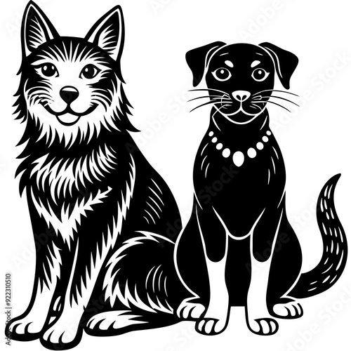 Dog And A Cat Sitting Silhouette Black Vector