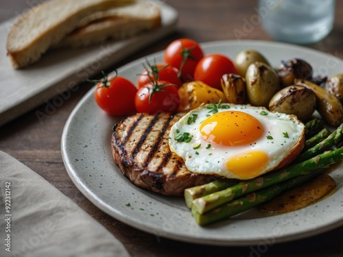 Healthy lunch plate with egg, asparagus, and grilled vegetables. photo