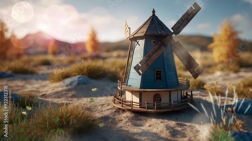 A miniature of an old, broken windmill with some decorations that are exactly the same as the original. Seamless 4K looping timelapse video animation