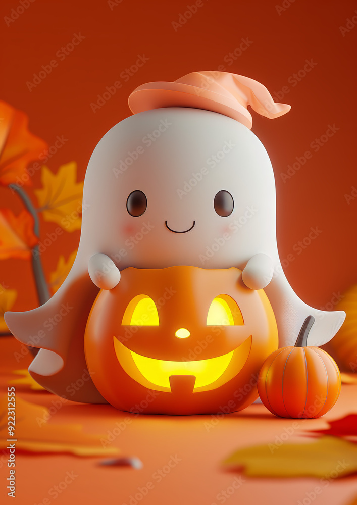 Cute white ghost with a jack o' lattern and a hat, Happy Halloween day 3d illustration, traditional october holiday 3d rendering illustration, AI generated Cute white ghost with a jack o' lattern and a hat, Happy Halloween day 3d illustration, traditional october holiday 3d rendering illustration, AI generated