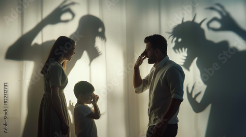 The child's parents are arguing, and the child stands there, covering their ears, not wanting to hear. The shadows on the wall from the parents appear as terrifying monsters. This concept reflects dom
