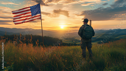 US soldiers and flag on sunrise background. National holiday concept, Flag Day, Veterans Day