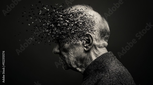 A man with a lot of birds flying out of his head.