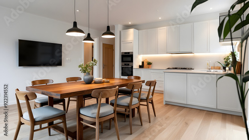 Modern scandinavian an eat-in kitchen interior design with big wooden table and chairs against light wood floor, bright white walls and furnitures with TV, appliances and hanging light bulbs