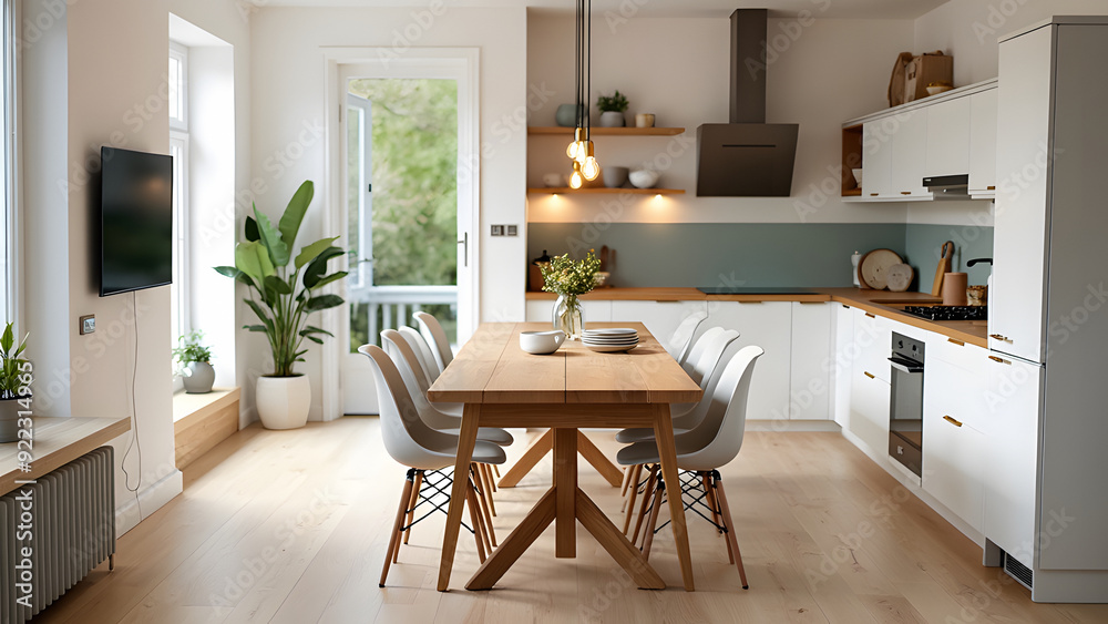 Fototapeta premium Modern scandinavian an eat-in kitchen interior design with big wooden table and chairs against light wood floor, bright white walls and furnitures with TV, appliances and hanging light bulbs