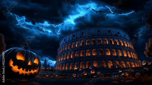Halloween in ancient Rome, haunted coliseum under a stormy sky, 3D flat design illustration