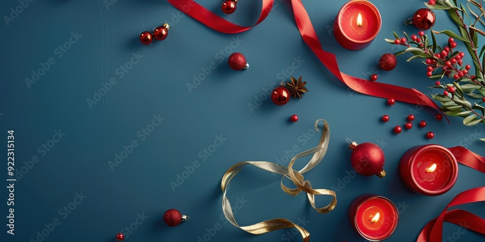 A blue background with red ribbons and red and gold ornaments A blue background with red ribbons and red and gold ornaments
