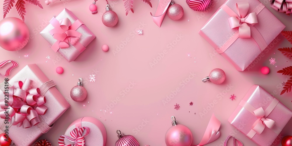 A pink background with a pink box in the center and pink bows on the boxes
