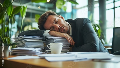 Exhausted Businessman Finding Respite Among Piles of Reports Overworked photo