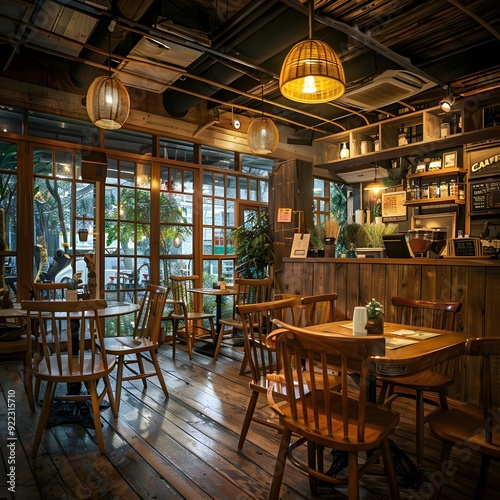 A rustic, cozy café with wooden furniture, warm lighting, and an inviting atmosphere, perfect for a relaxed gathering.