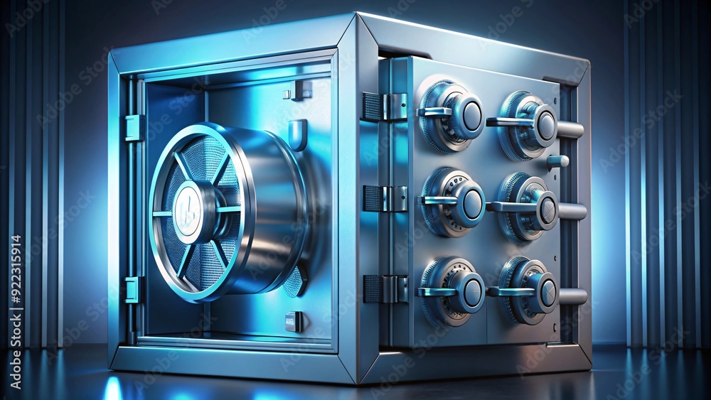 The 3D safe, adorned with floating digital locks, represents the highest level of security for financial data management. The 3D safe, adorned with floating digital locks, represents the highest level of security for financial data management.