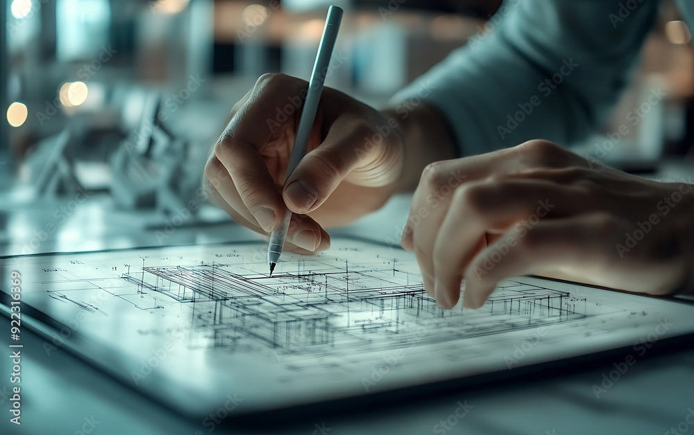Close-Up of an Architect Using a Digital Stylus on a Tablet to Draw a Blueprint Close-Up of an Architect Using a Digital Stylus on a Tablet to Draw a Blueprint