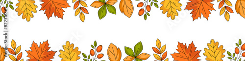 Autumn narrow horizontal banner, space for text. Colorful top and bottom frame with fall seasonal maple, oak, aspen leaves, rosehip. For poster, flyer, card, page header, festival or party